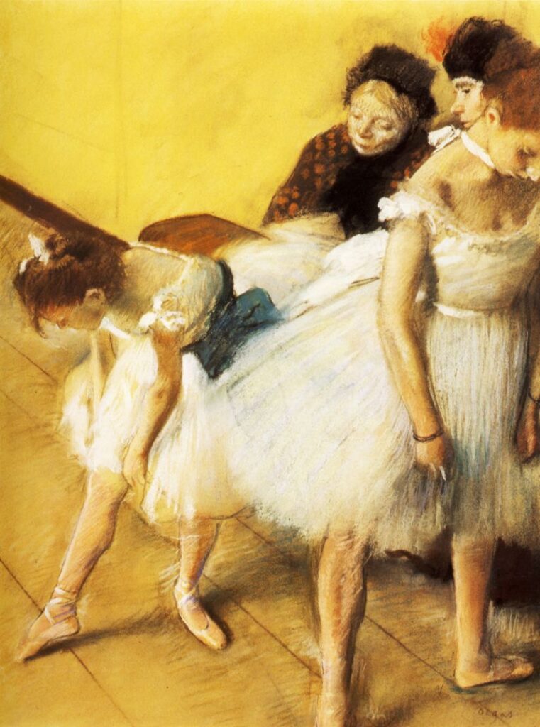 painting showing young ballerinas in poses watched by an elderly female ballet master in impressionism style