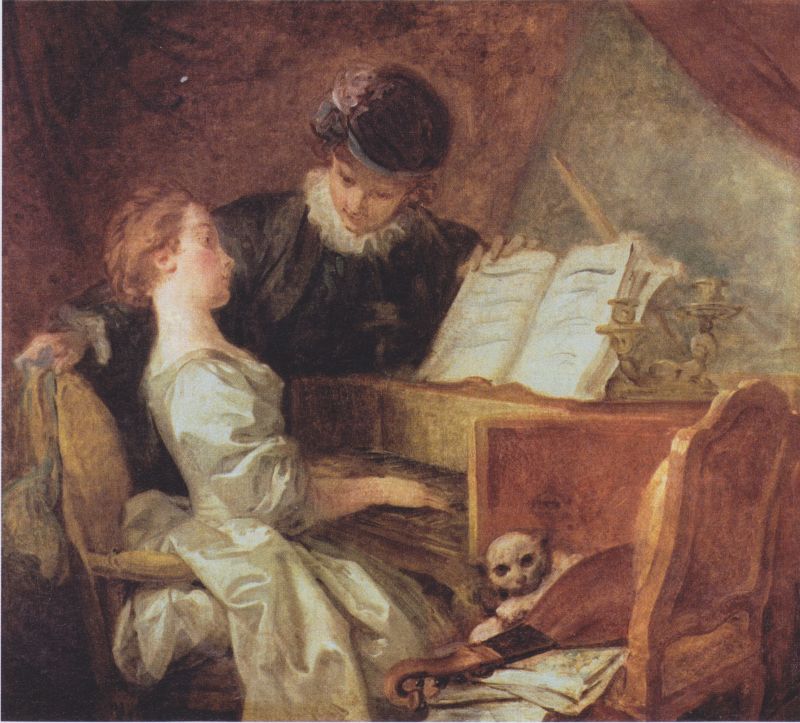 painting shows a music lesson with a female student at the keyboard instrument and female teacher at the left communicating with the student