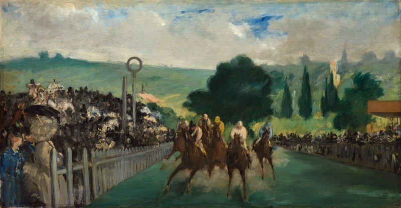 in this painting, Manet captures the horses and jockeys galloping straight toward the viewer, enhancing the sense of rapid speed and motion