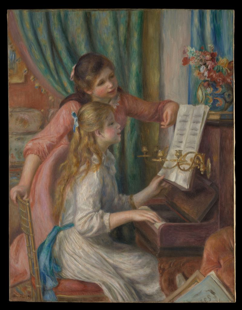Renoir depicts two young girls at a piano in a bourgeois home, one in a white dress with blue sash seated playing and one in a pink dress standing.